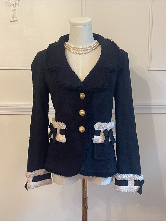 St. John Jackets & Blazers - St. John Boutiques Black Bouclé Blazer with Cream Fringe and Gold Buttons